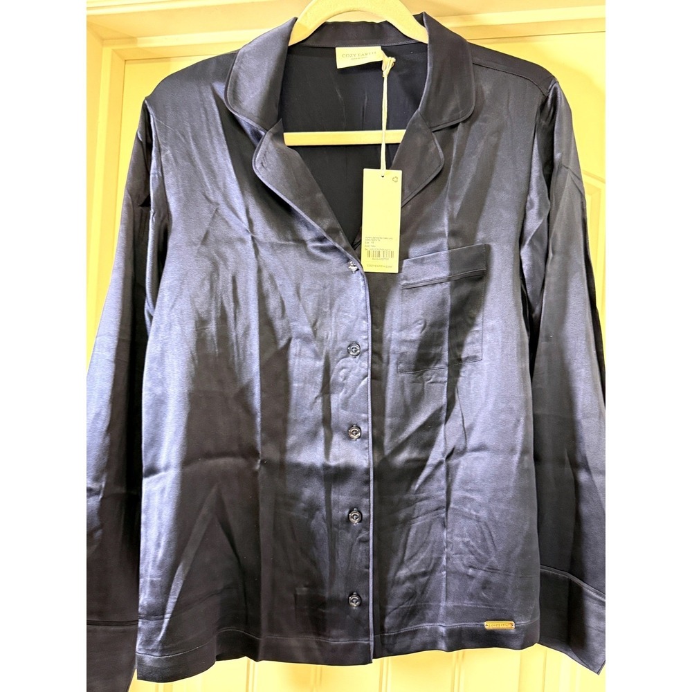 Cozy Earth Serenity 100Silk Classic Long Sleeve Pajama Top Navy XS Luxury NWTS - Picture 2 of 9